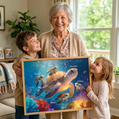 Underwater Grandma Turtle With Little Turtles Personalized Poster, Vibrant Ocean Decor, Meaningful Gift for Grandma and Family