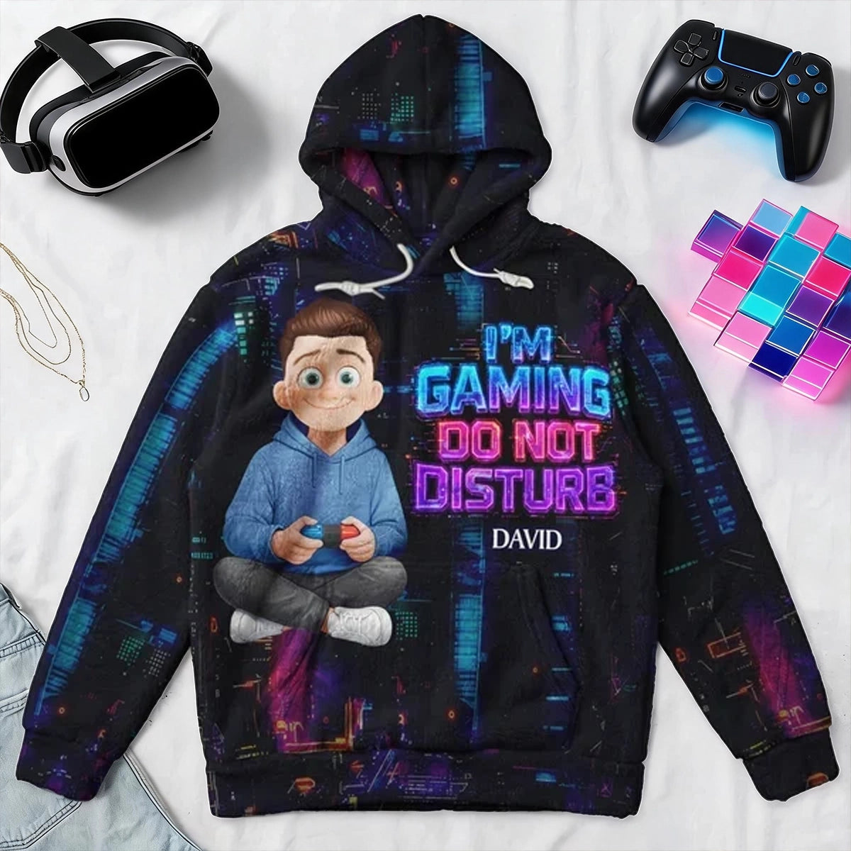 Personalized Youth Printed Flannel Hoodie, Neon Cartoon Gamer Design, Unique Gift for Kids