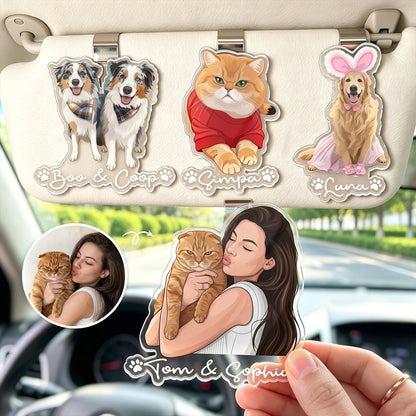 Acrylic Car Visor Clip With Custom Pet Portrait, Cute Car Accessory, Creative Gift for Pet Owners
