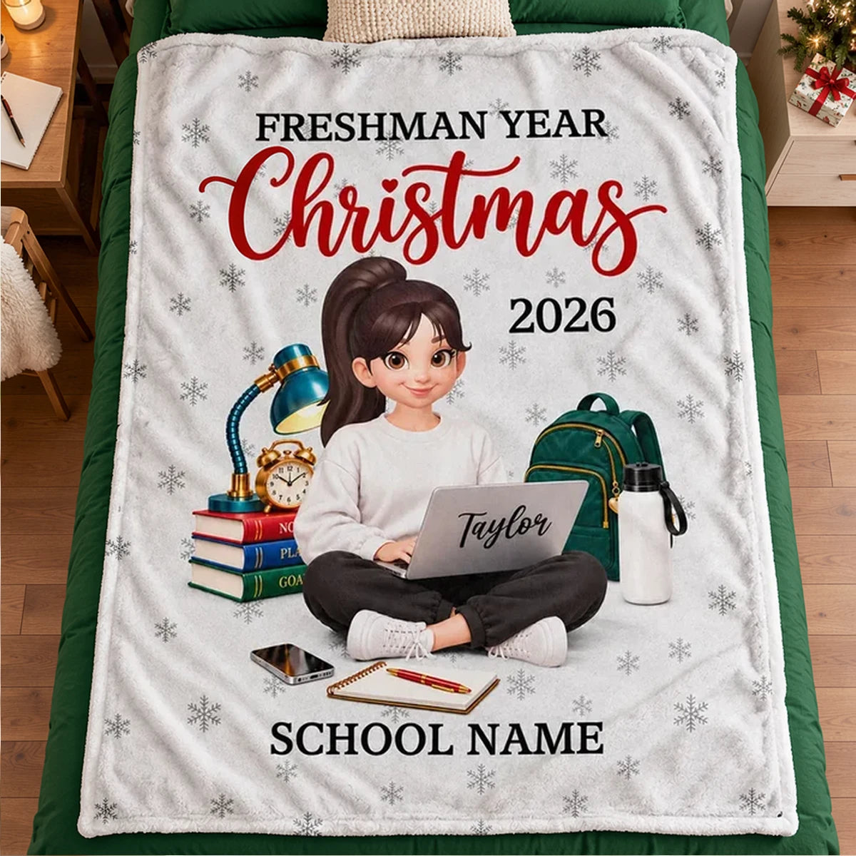 Personalized Fleece Blanket, Freshman Student Studying With Laptop, Unique Christmas Gift