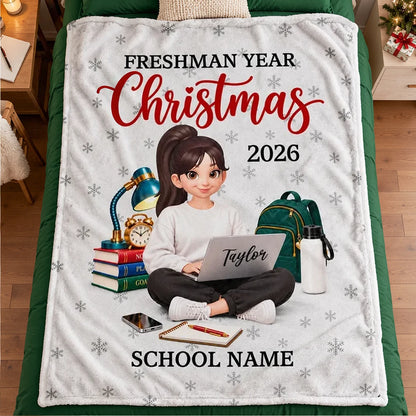Personalized Fleece Blanket, Freshman Student Studying With Laptop, Unique Christmas Gift