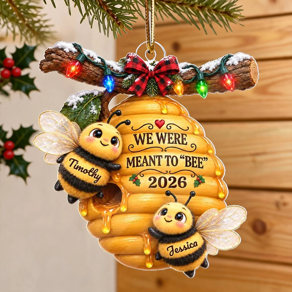 Personalized Acrylic Ornament with Cute Bee Couple and Hive, Unique Christmas Gift for Couples