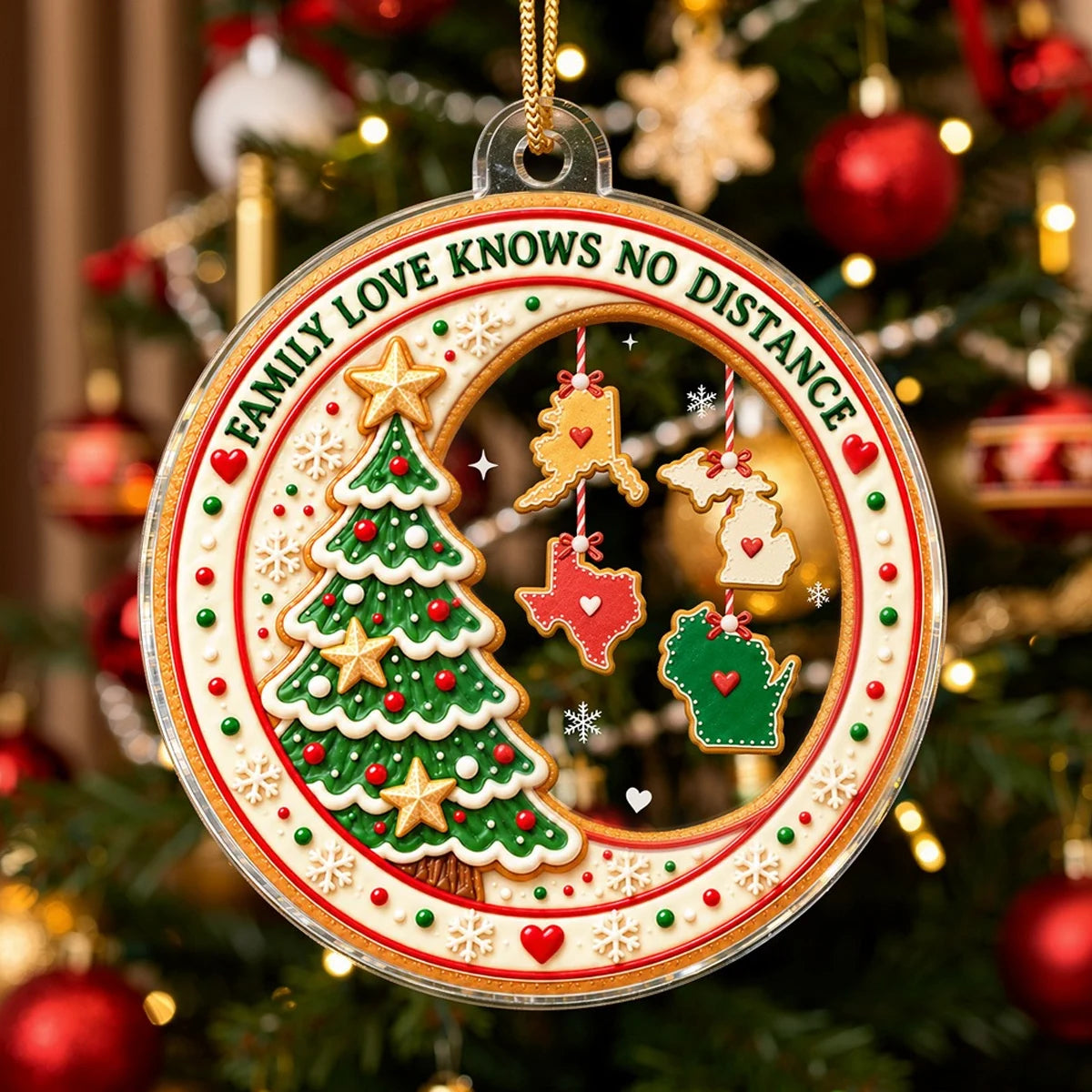 Personalized Acrylic Ornament - Family Love Knows No Distance, Choose 2-8 U.S. States, Custom Cookie State Christmas Ornament Gift for Family