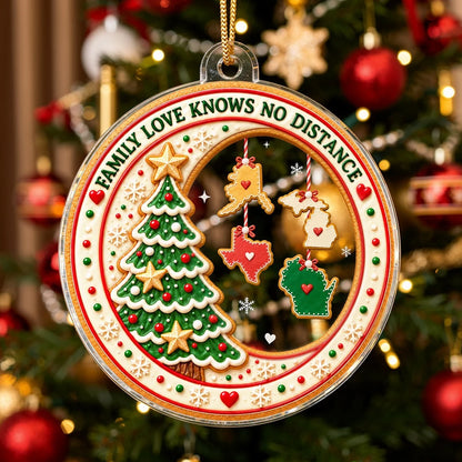 Personalized Acrylic Ornament - Family Love Knows No Distance, Choose 2-8 U.S. States, Custom Cookie State Christmas Ornament Gift for Family