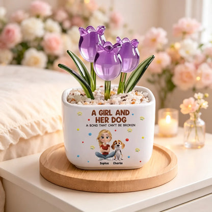 Square Glass Planter, Custom Girl and Her Dog Bond Design With Purple Tulips, Creative Gift for Pet Owners