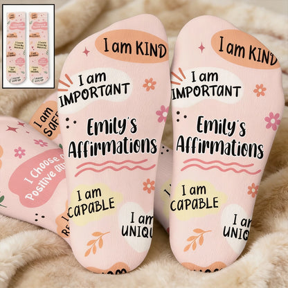 Kids Crew Socks with I Am Kind Affirmations, Personalized Encouragement, Creative Gift for Son or Daughter