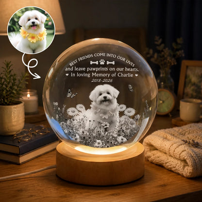 Personalized Globe Lamp with Dog Among Flowers, Unique Pet Memorial Gift for Dog Lovers