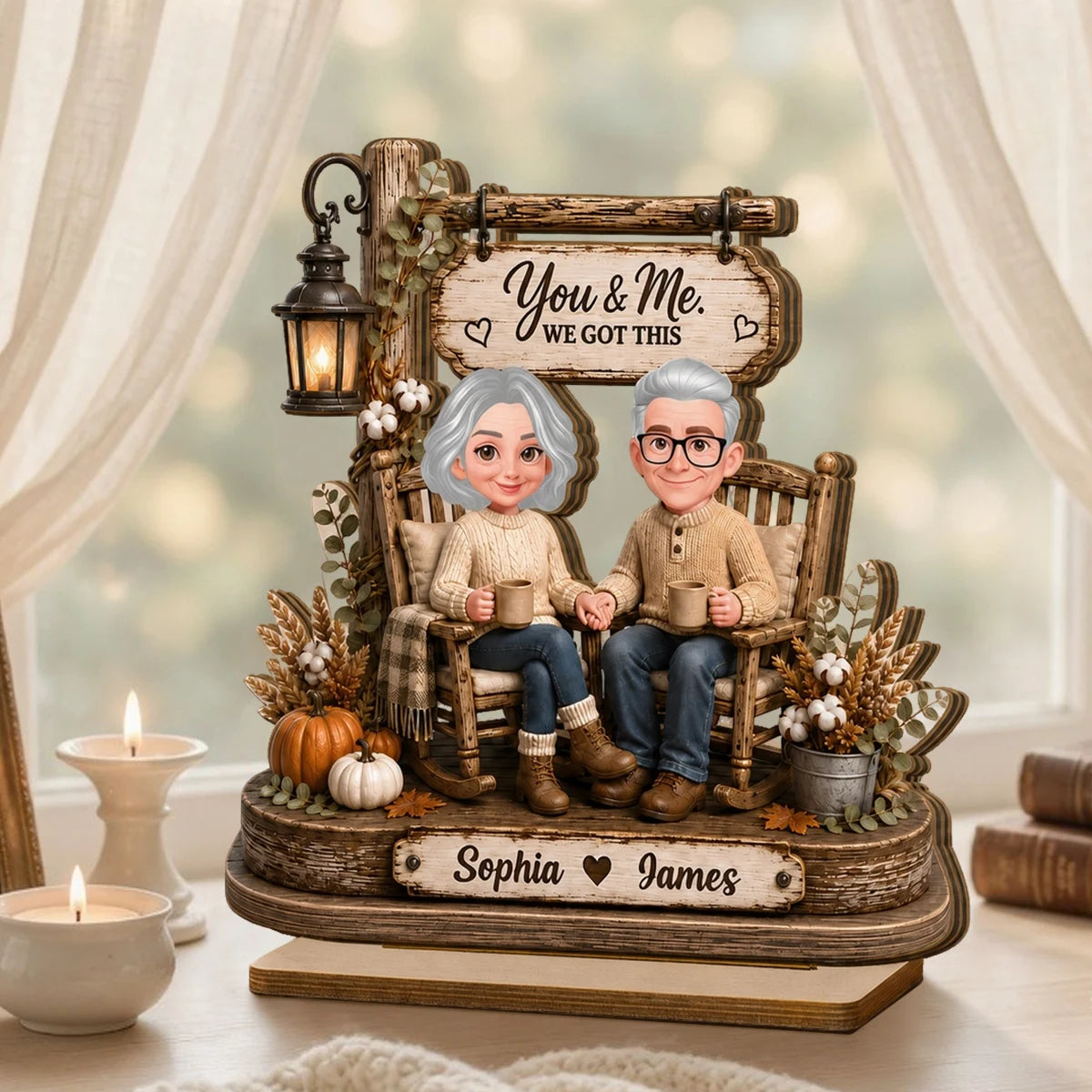 Personalized 2-Layer Wooden Plaque, Couple Holding Hands in Rocking Chairs, Unique Anniversary Gift