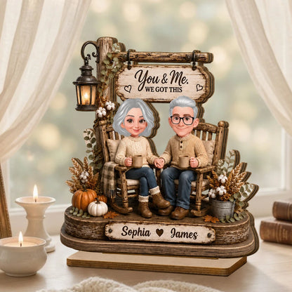 Personalized 2-Layer Wooden Plaque, Couple Holding Hands in Rocking Chairs, Unique Anniversary Gift
