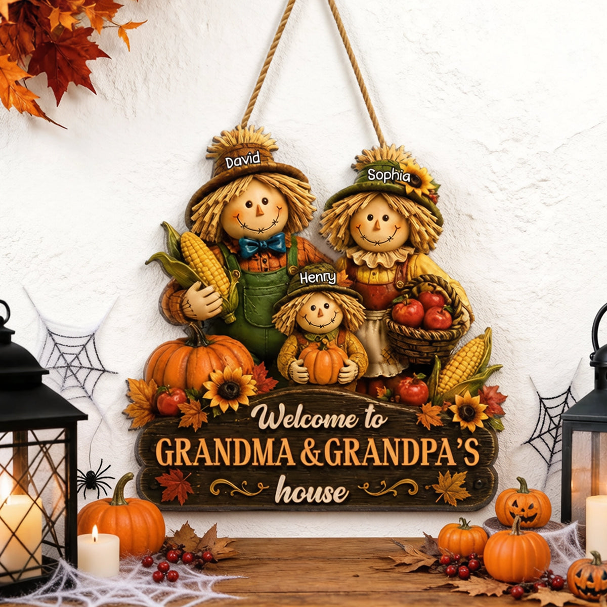 Personalized Wooden Sign with Scarecrow Family, Fall Door Decor, Unique Gift for Grandma & Grandpa