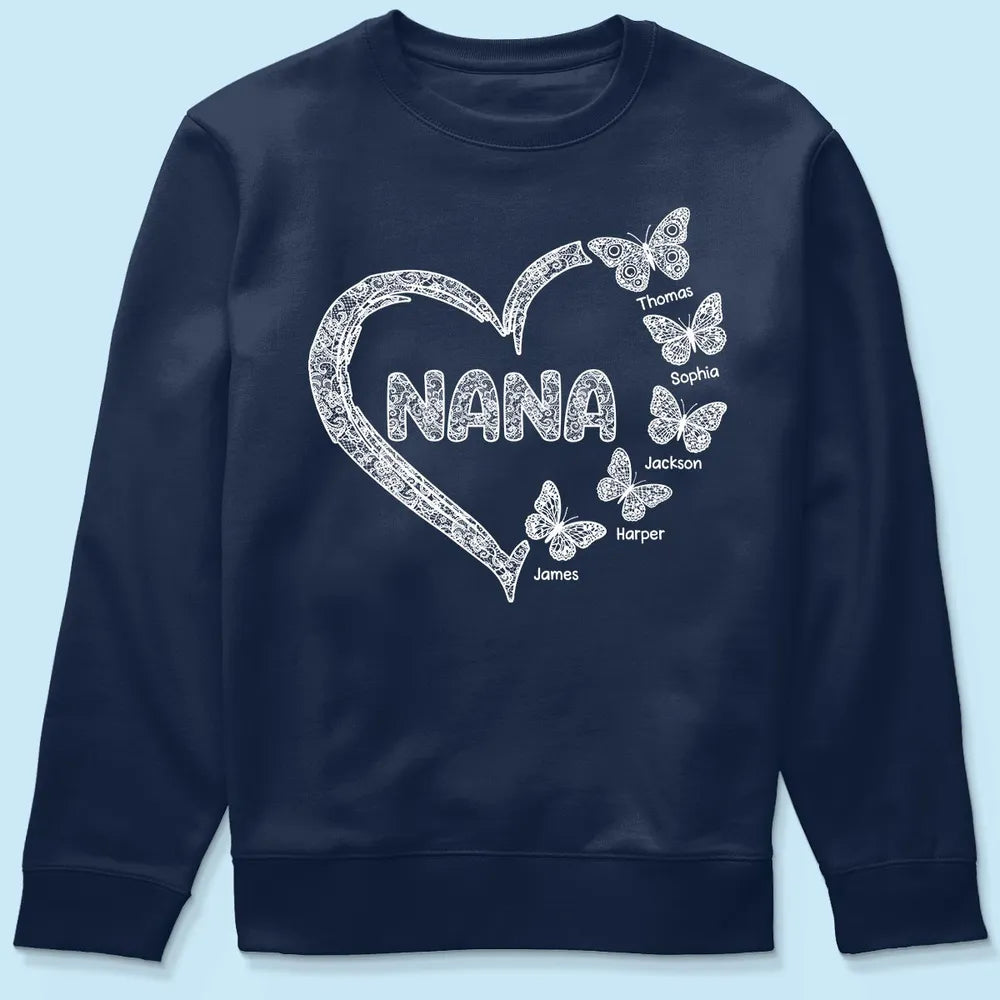 Personalized Classic Tee for Grandma, Lace Heart Nana Butterfly Design, Unique Custom Gift for Mother's Day