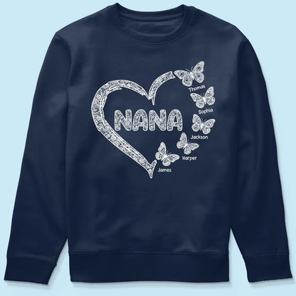 Personalized Classic Tee for Grandma, Lace Heart Nana Butterfly Design, Unique Custom Gift for Mother's Day