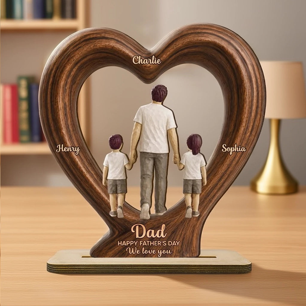 Heart Frame Wooden Plaque With Dad & Kids Holding Hands, Custom We Love You Creative Gift