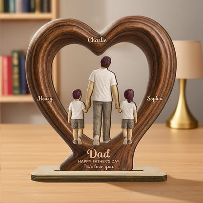Heart Frame Wooden Plaque With Dad & Kids Holding Hands, Custom We Love You Creative Gift