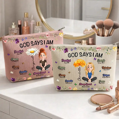 Personalized Corduroy Makeup Bag, God Says I Am Floral Design, Unique Gift for Her