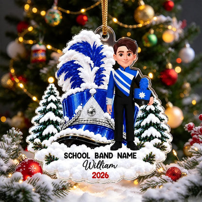 Personalized Acrylic Ornament, Proud Marching Band Memory in Snowy Pines, Creative Christmas Gift for Grandson