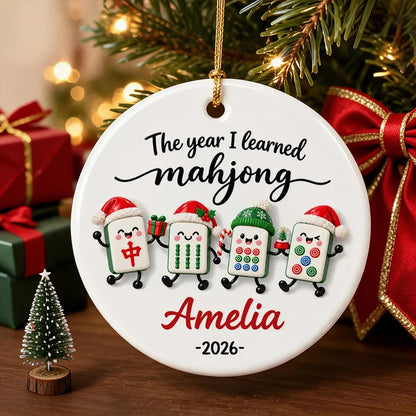 Personalized Ceramic Ornament, Bright Cartoon Mahjong Tiles Waving by a Christmas Tree, Unique Gift for Players
