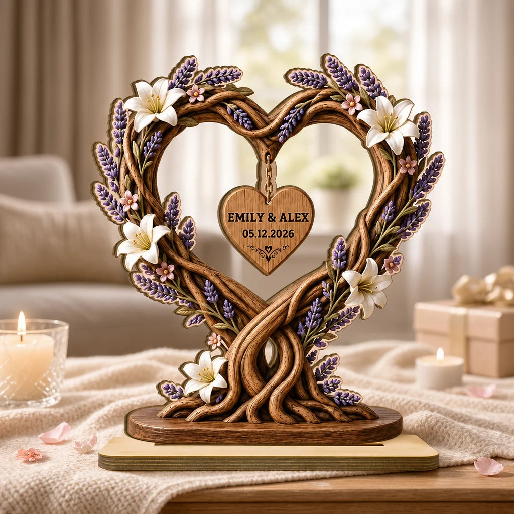 Personalized Wooden Plaque, Floral Heart Tree of Life, Unique Anniversary Gift for Couple