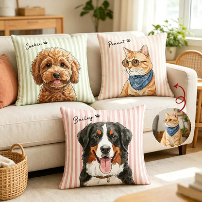 Personalized Square Pillow with Watercolor Pet Portrait and Pastel Stripes, Unique Gift for Dog and Cat Owners