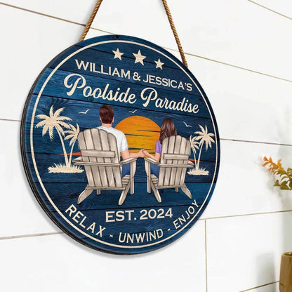 Relaxing Poolside Paradise Decor with Optional Flag Background Couple Sitting Personalized Flag, Sign, Vase - Perfect for Garden, Housewarming, Birthday, Anniversary Gift for Him, Her