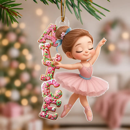 Personalized Acrylic Ornament, Pink Ballerina Dancing with Gingerbread Letters, Unique Christmas Gift for Girls