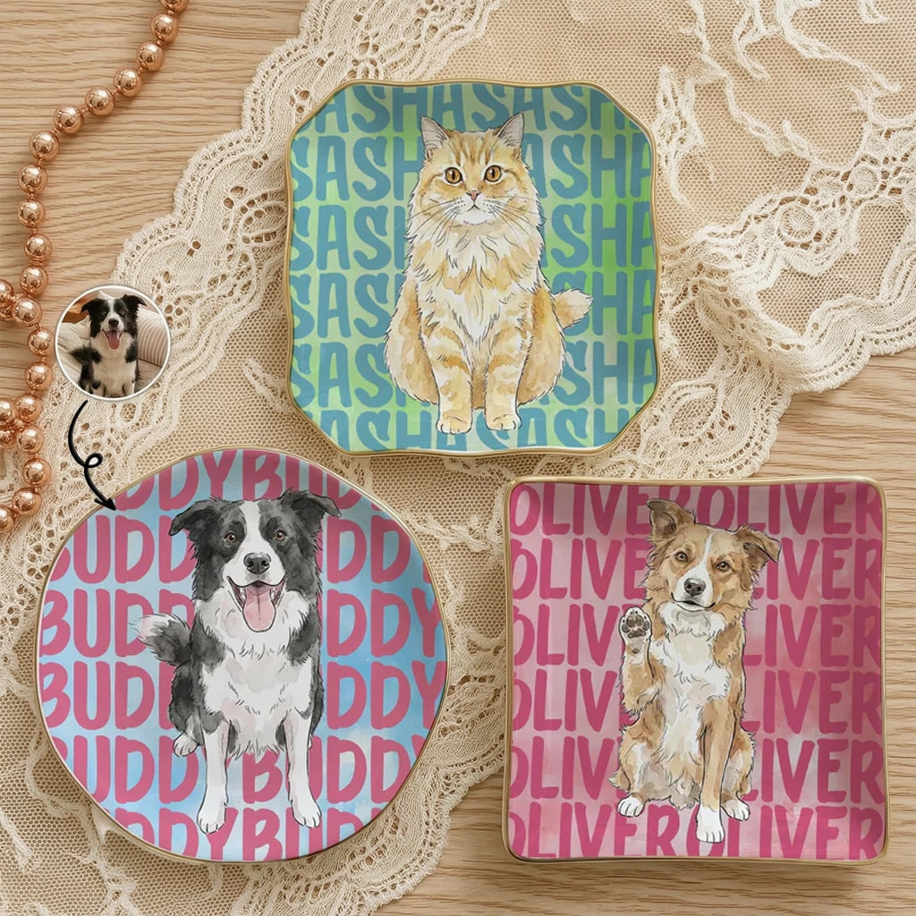 Personalized Pet Portrait Jewelry Dish, Watercolor Cat or Dog Art, Unique Gift for Pet Owners