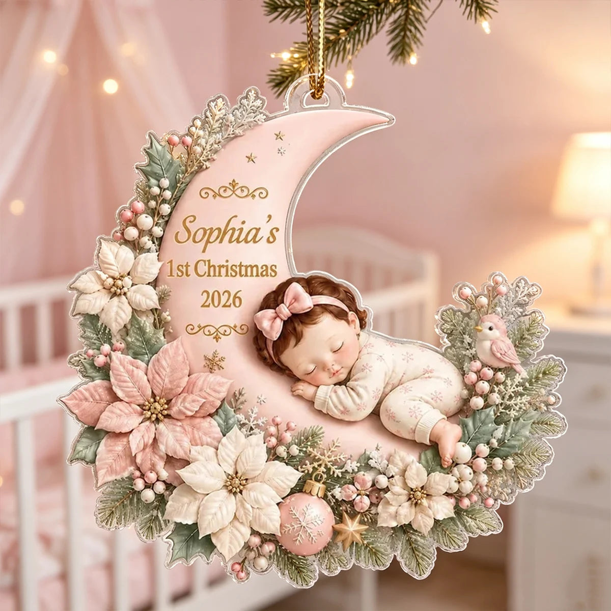 First Christmas Acrylic Ornament, Sleeping Baby on Blush Floral Moon, Personalized Creative Gift for Mom & Dad