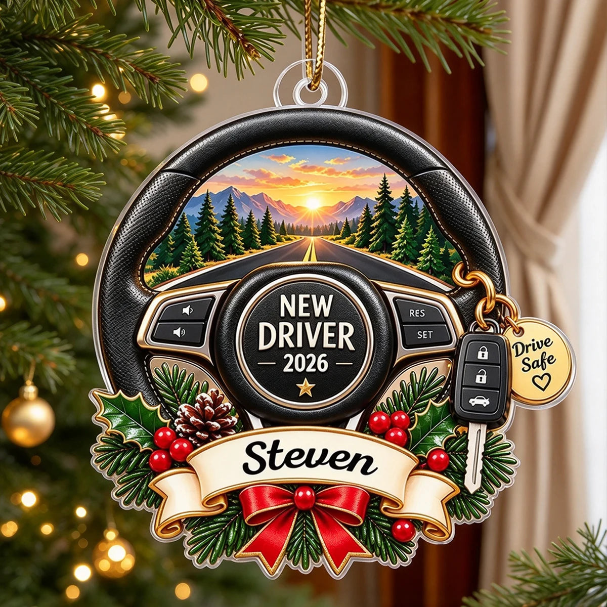 Personalized Acrylic Ornament, New Driver Steering Wheel on a Sunset Mountain Road, Unique Gift