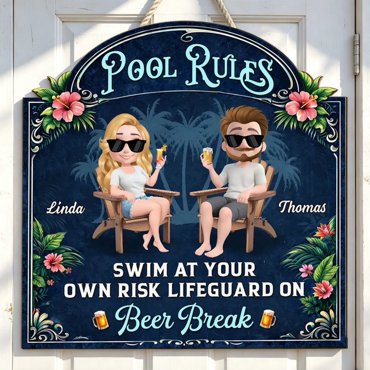 Personalized Wooden Sign With Seated Poolside Couple & Drinks, Unique Gift for Backyard Decor