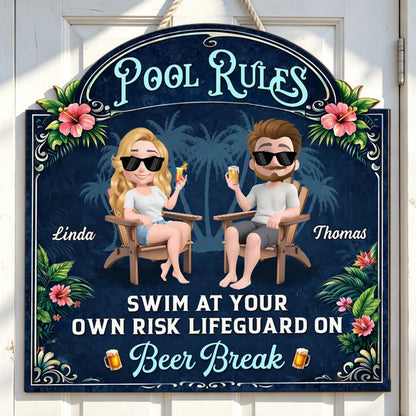 Personalized Wooden Sign With Seated Poolside Couple & Drinks, Unique Gift for Backyard Decor
