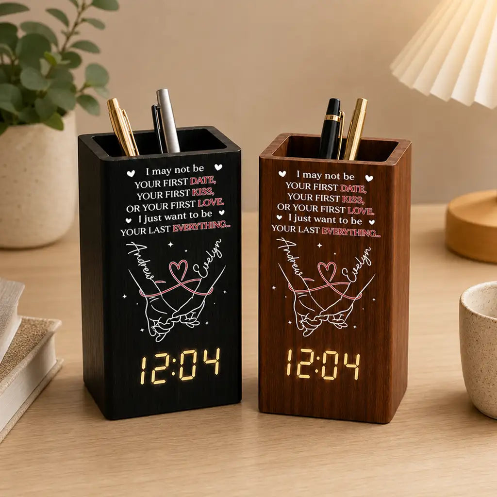 Personalized Wooden Pen Holder Clock, Unique Creative Gift for Partner with Holding Hands Design
