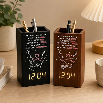Personalized Wooden Pen Holder Clock, Unique Creative Gift for Partner with Holding Hands Design