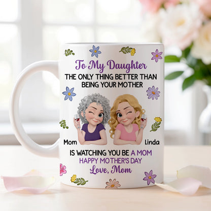 Personalized Mother Daughter Ceramic Mug with Cute Cartoon and Floral Accents - Unique Mother's Day Gift for Your Daughter