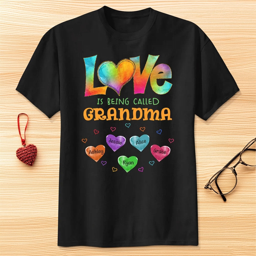 Personalized Classic Tee Love Is Being Called Grandma Rainbow Heart Shirt - Unique Gift for Grandma