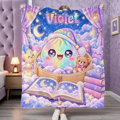 Personalized Dumpling Fleece Blanket, Pastel Moonlit Storybook Scene, Unique Gift for Kids