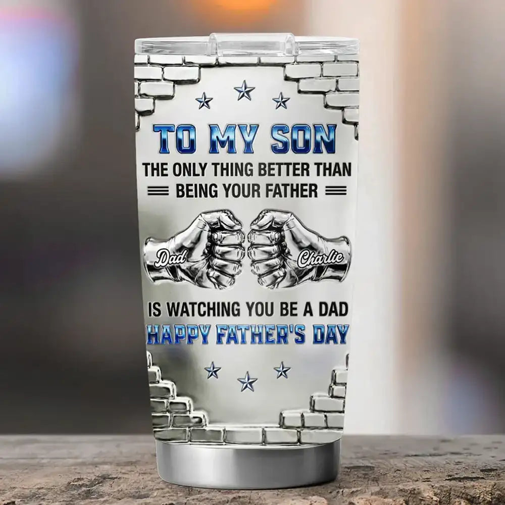 Personalized Insulated Travel Tumbler, Father Son Fist Bump Art, Unique Father's Day Gift for Son