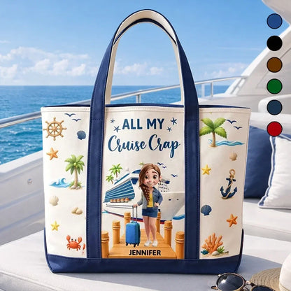 Personalized Tote Bag, Woman with Suitcase on Sunny Cruise Dock, Unique Gift for Travelers