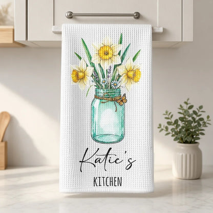 Personalized Floral Kitchen Towel, Custom Cottage Decor, Unique Gift for Mom, Grandma, Wife & Sister