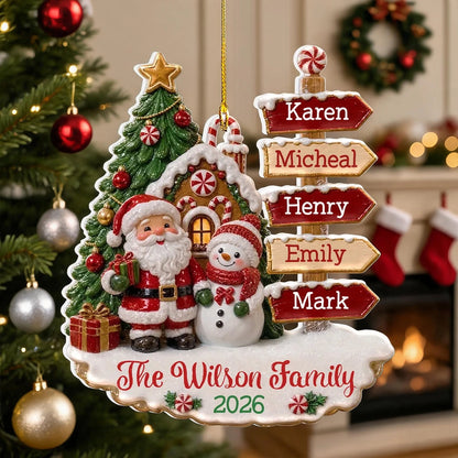 Personalized Acrylic Ornament, Santa and Snowman by a Snowy Gingerbread House, Unique Family Gift