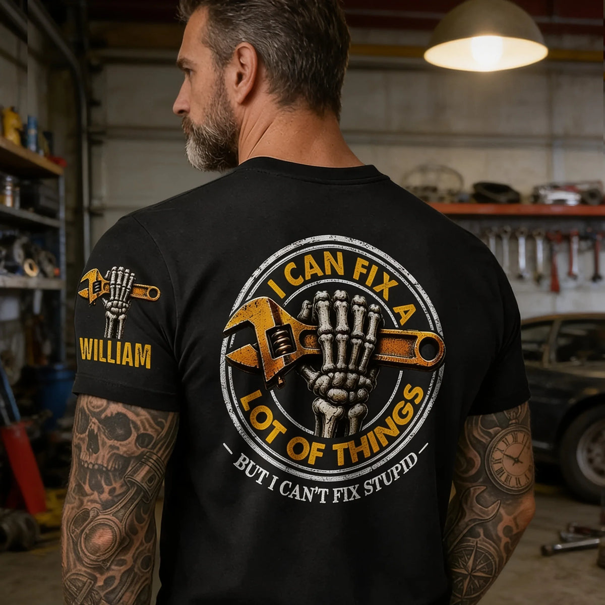 Personalized Dual Print Classic Tee, Distressed Skeleton Hand and Wrench Design, Unique Gift for Mechanics