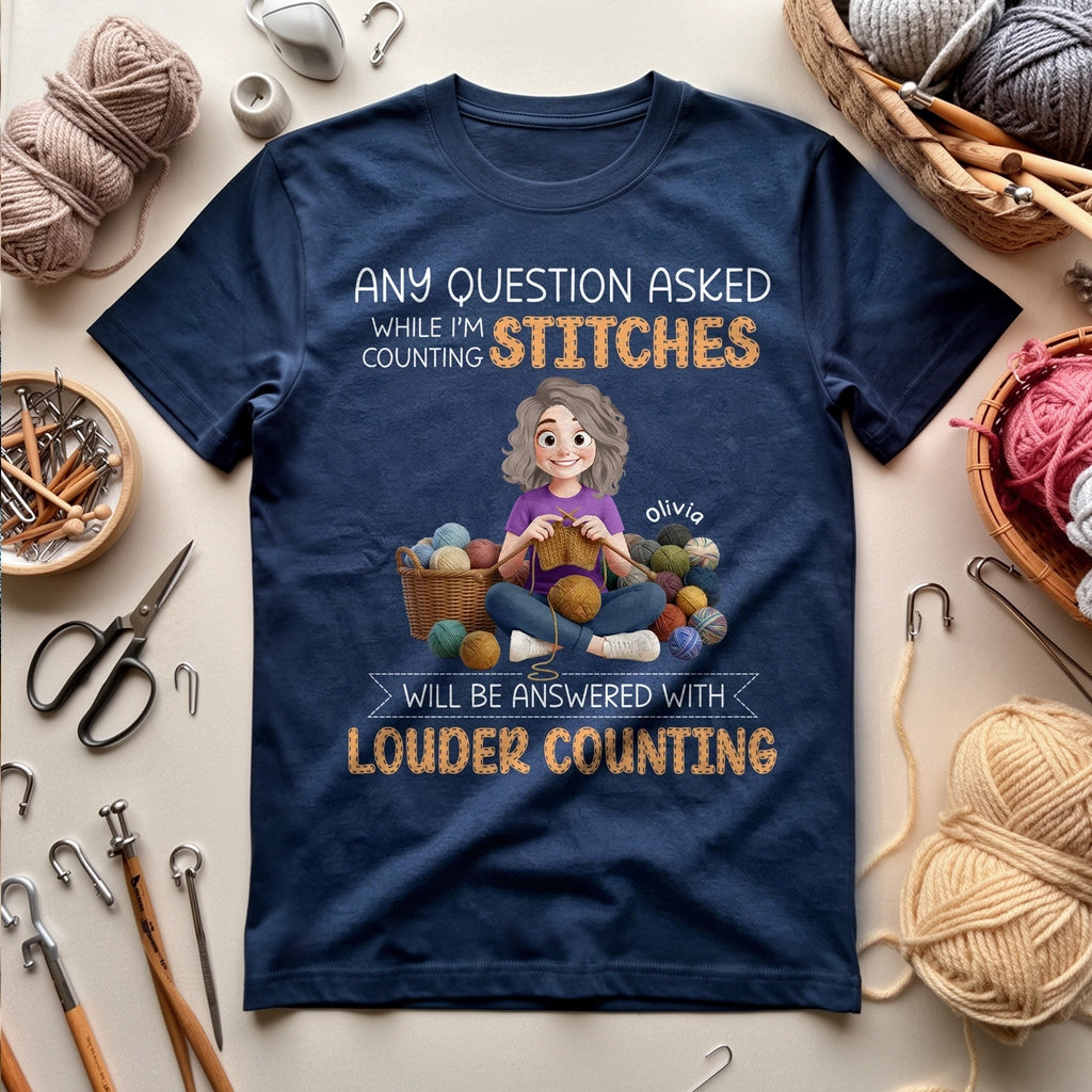 Classic Tee for Knitters, Funny Counting Stitches Quote with Cozy Yarn Girl Illustration, Personalized Gift