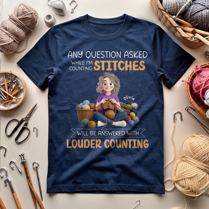 Classic Tee for Knitters, Funny Counting Stitches Quote with Cozy Yarn Girl Illustration, Personalized Gift