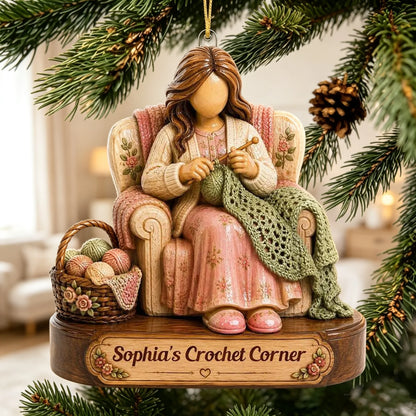 Personalized Acrylic Ornament with Woman Crocheting, Unique Christmas Gift for Yarn Lovers
