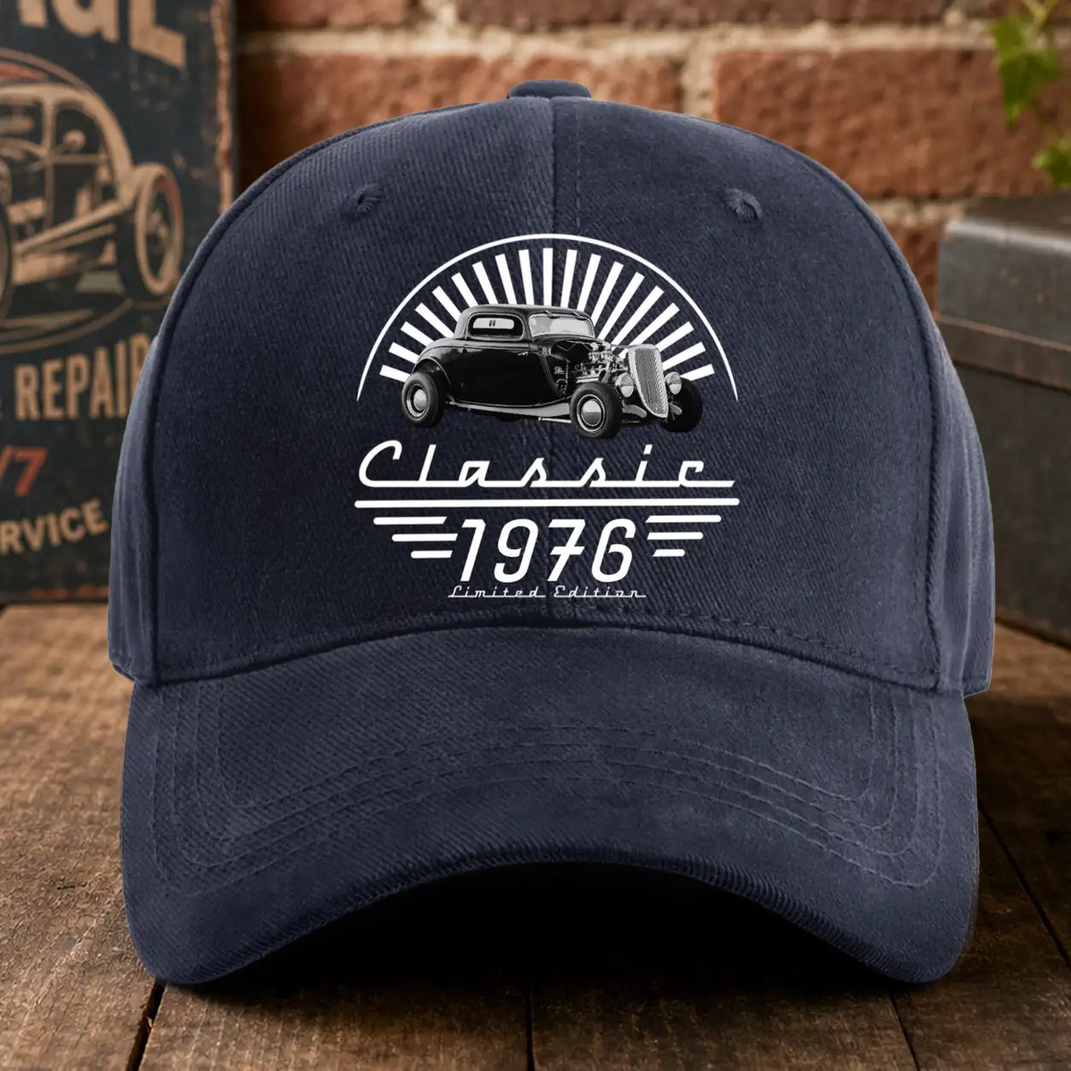 Personalized Washed Denim Baseball Cap With Retro Hot Rod & Sunburst Art, Unique Gift for Car Lovers