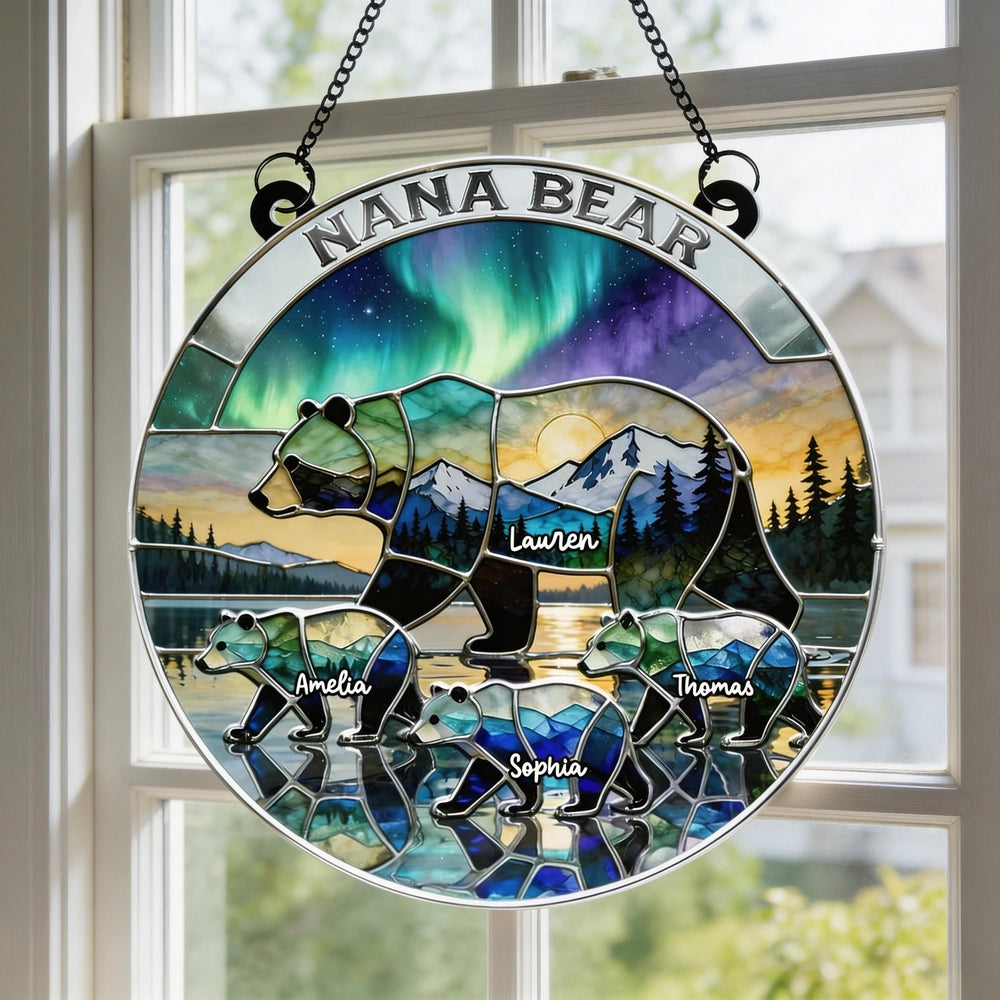 Acrylic Suncatcher Ornament with Stained Glass Style Bear Family Mountain Scene - Personalized Heartwarming Gift for Mom or Wife