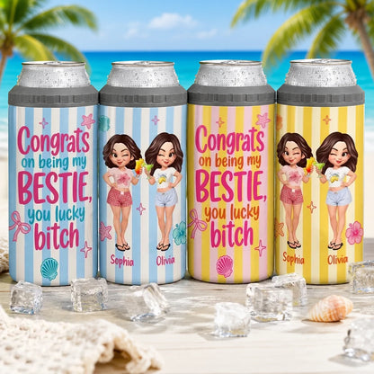 Personalized Can Cooler With Cartoon Besties, Stripe Beach Style, Unique Gift For Best Friend