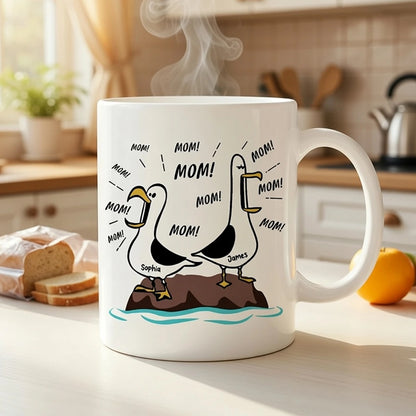 Mom Mom Mom Seagull Cartoon Ceramic Mug, Personalized Name Funny Daily Coffee and Tea Mug, Unique Gift for Mom