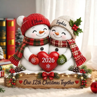 Personalized Thick Wooden Plaque, Snowman Couple Holding a Heart by a Snowy Window, Unique Gift for Couples