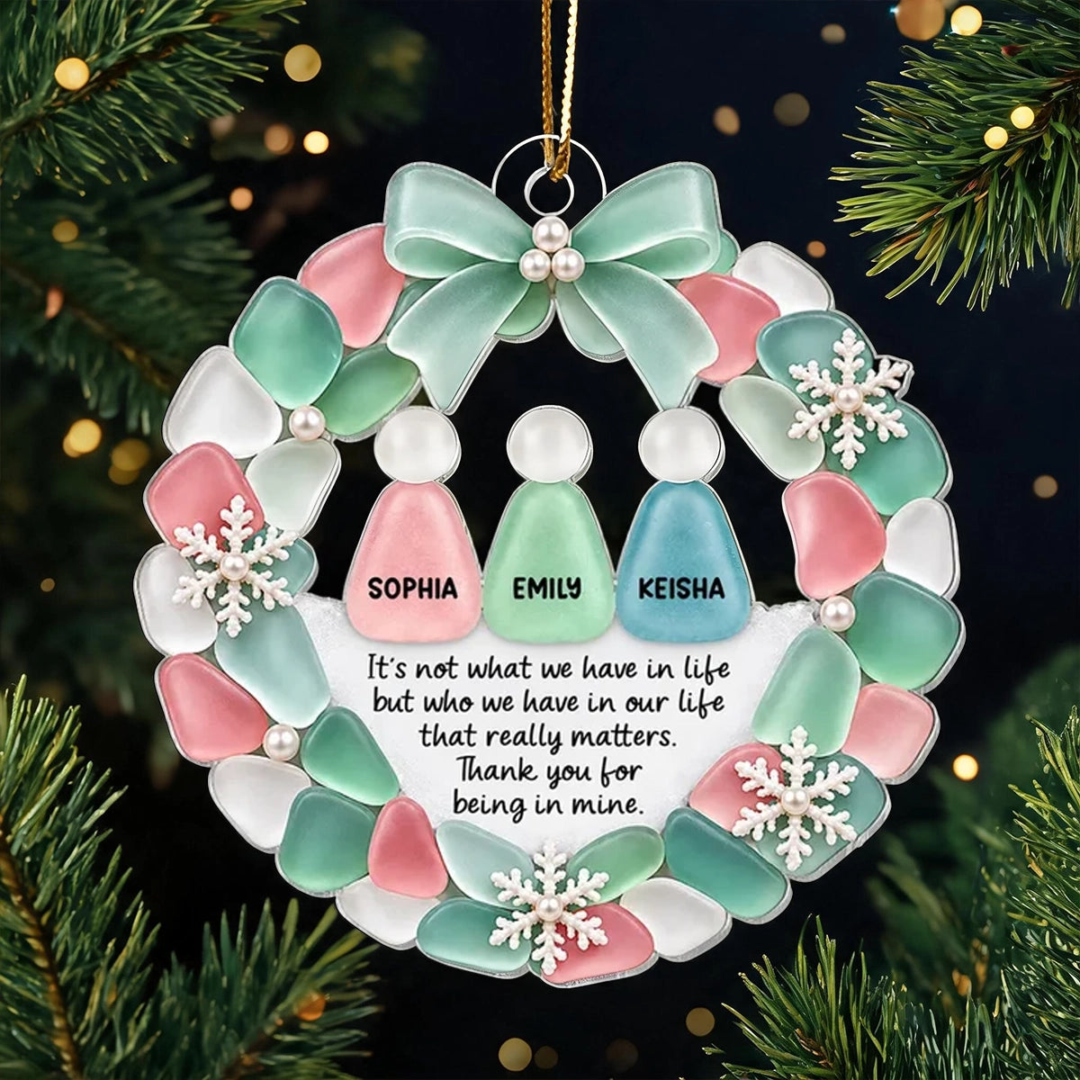 Personalized Acrylic Ornament, Friend Figures in a Pastel Heart Wreath, Unique Christmas Gift for Best Friends