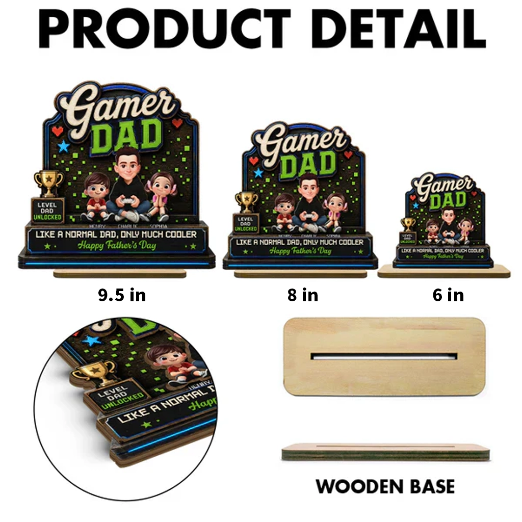 Personalized 2-Layer Wooden Plaque For Gamer Dad, Sitting Dad & Kids, Creative Father's Day Gift